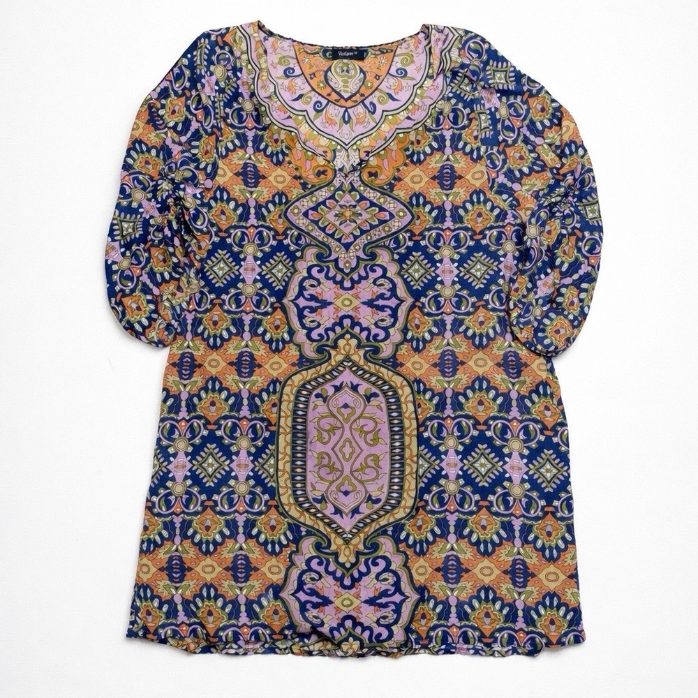 TOLANI Women's M 100% Silk Chiffon Blouse Tunic Coverup Boho Artsy Hippie Fairy